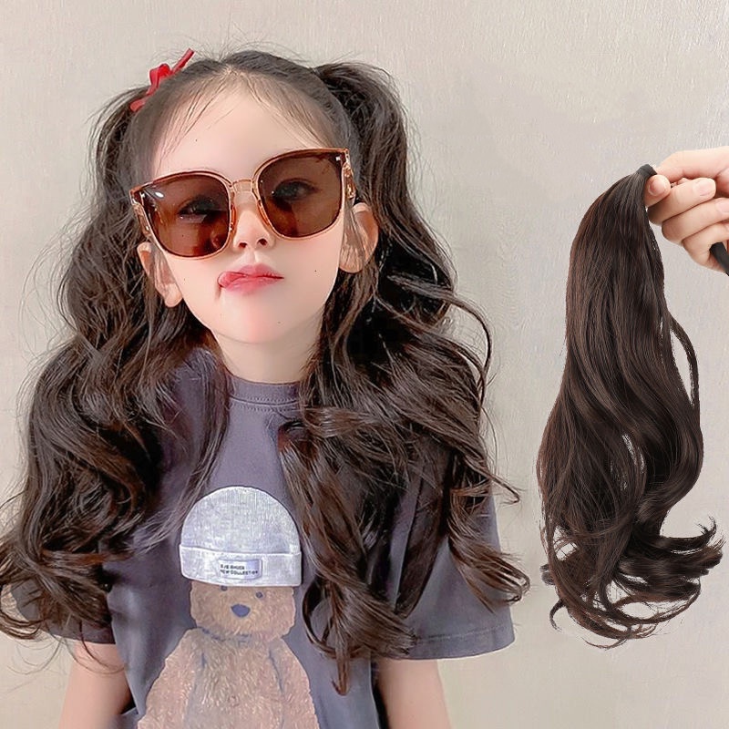 Girls Hair Wig Children Long Curly Wigs One Piece With Ribbon Cute Kids