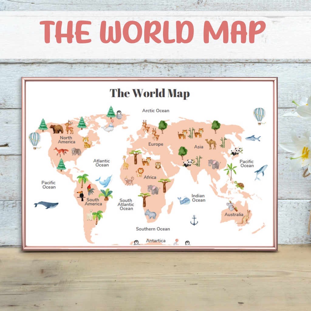 A4 A3 Animals World Map, Animal World Map Print, Nursery Wall Art