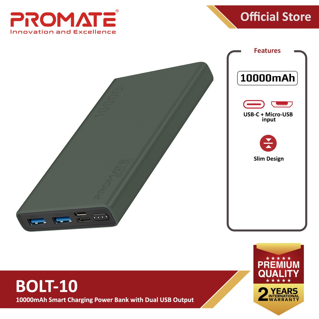 Promate Bolt10 10,000mAh Smart Charging Power Bank with Dual USB
