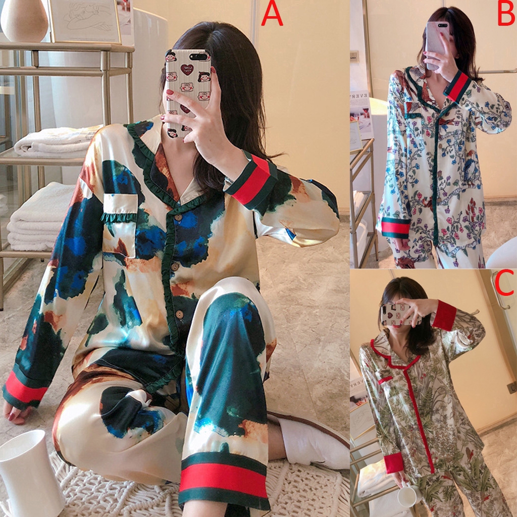 Women Pyjamas Terno Nightwear Cardigan Set Long Sleeves Floral Print