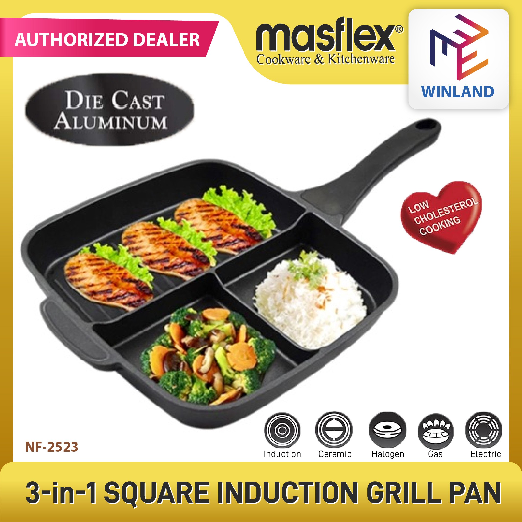 Masflex Original 3 in 1 Square Non Stick Induction Grill Pan in Die