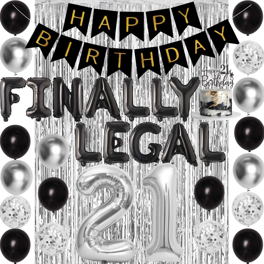 JOYMEMO 21st Birthday Decorations Silver and Black Finally Legal 21