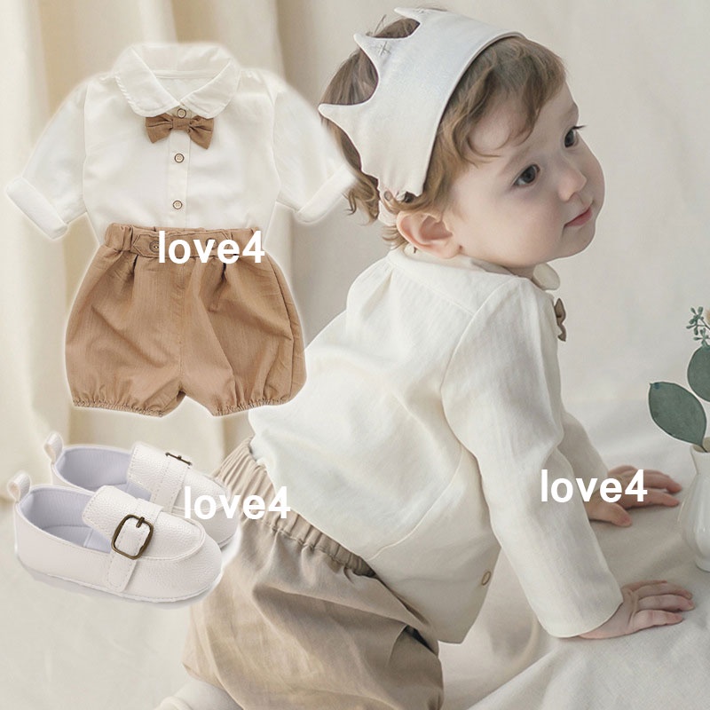 Baptismal Baby Boy Set White Shirt with Bow Tie Apricot Shorts Formal