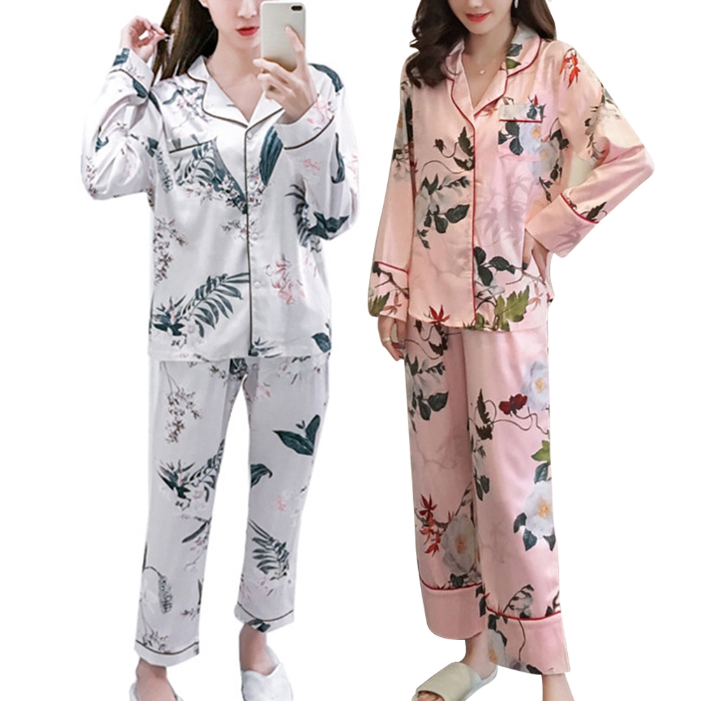 2Pcs/Set Women Silk Smooth Pajamas Floral Print Sleepwear Shopee