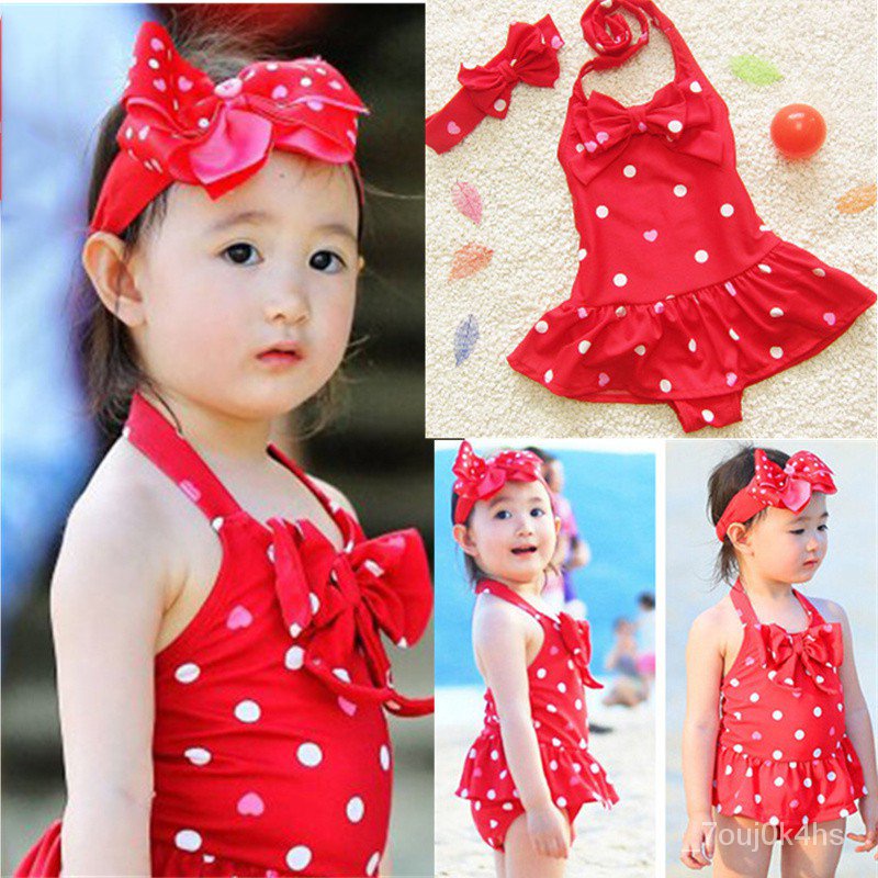 COD Ready Stock Baby Girls Swimming Suits with Headband Sunny Eva Girl
