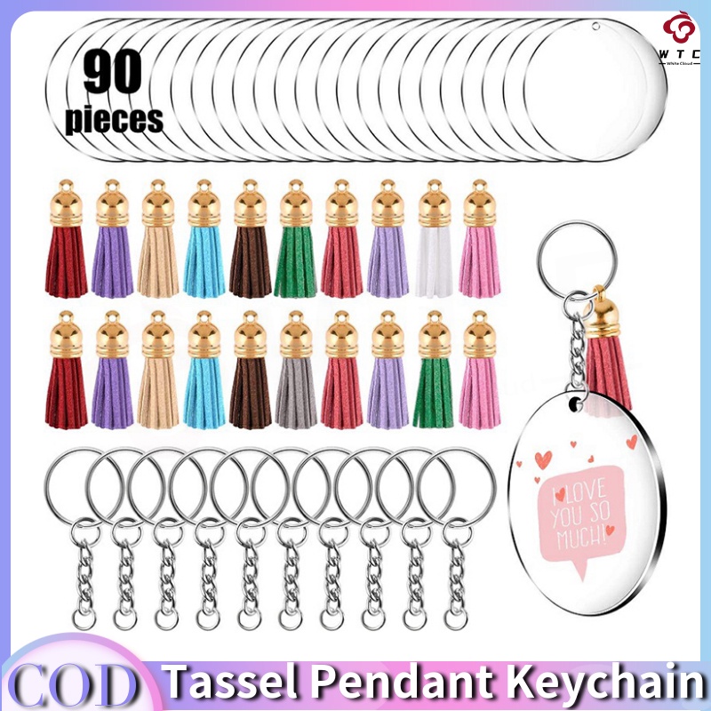【Fast Delivery】 90Pcs Transparent Acrylic Disc Keychain Rough Tassel