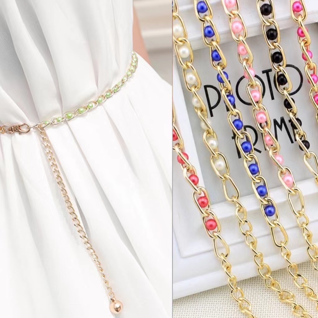 Women Faux Pearl Metal Thin Waist Chain Belt Bead Tie Waistband Strap