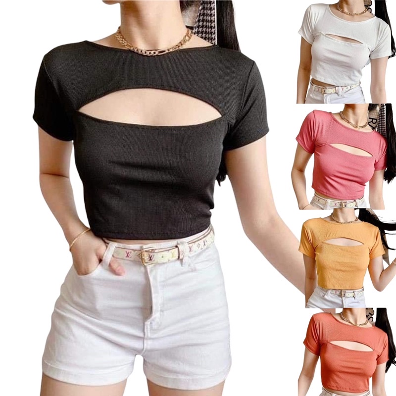 FM Maribel Chest Slit Crop Top Cotton Knit Clothing Trending