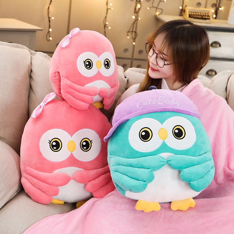 Cute Baby Owl Plush Toy Doll Hand Warmer Blanket 2in1 Dressed Couple