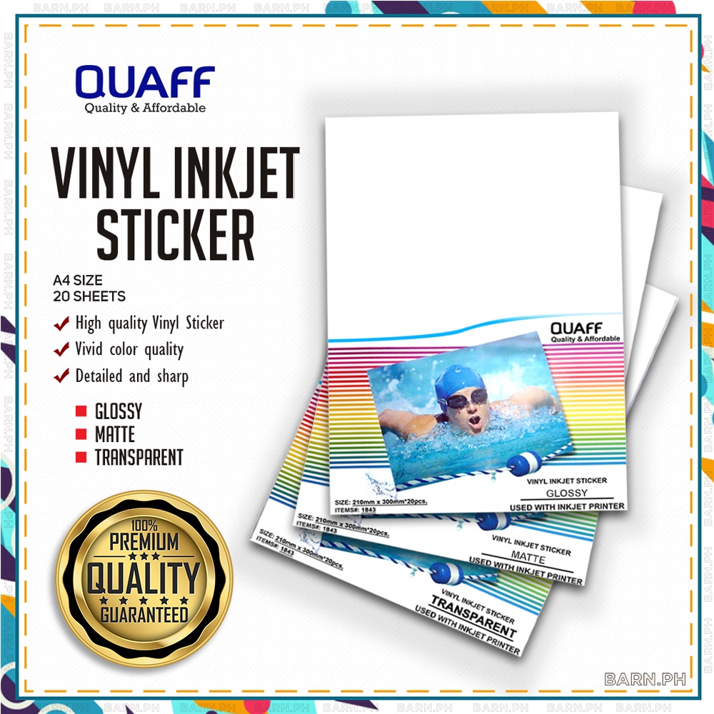 QUAFF Printable Vinyl Inkjet Sticker A4 Size Matte / Glossy