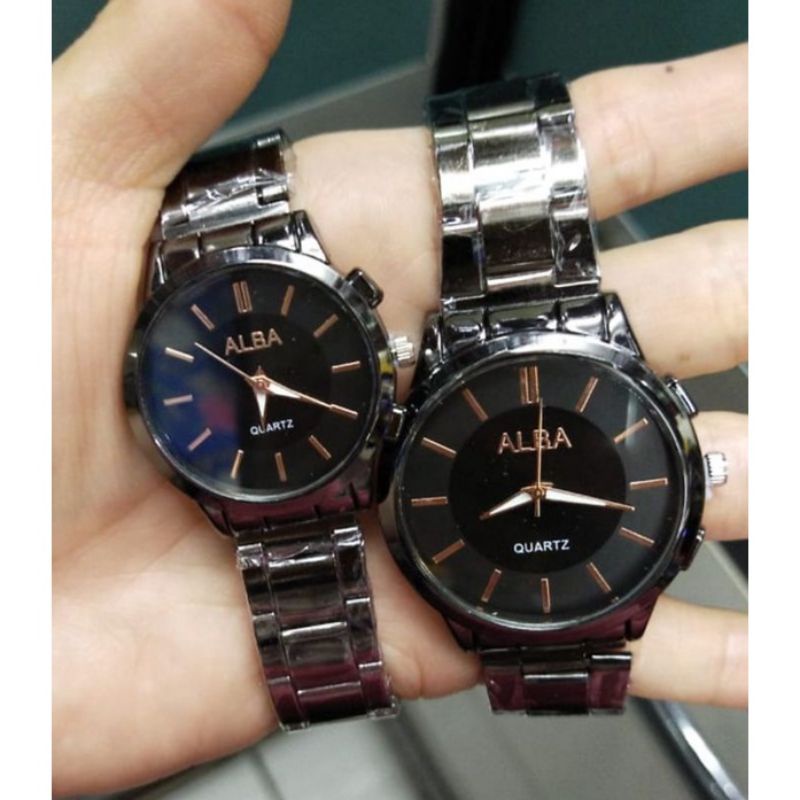 (Receive Cod) Alba Couple Watches Full Black Chain Strap / Stell (Sent