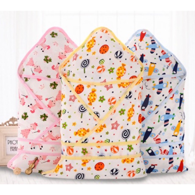 100 cotton infant baby hooded blanket with tie / rope swaddle Shopee