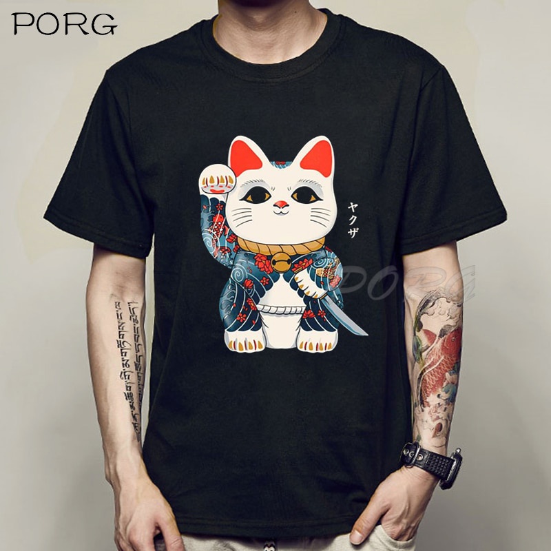 Lucky Cat Yakuza Men Harajuku T Shirt Japanese Kawaii Tshirt Hip Hop