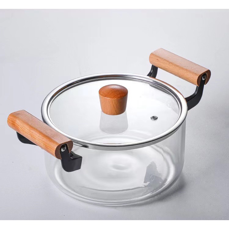GLASS COOKING POTS WITH WOODEN HANDLE / GLASS POTS / HEATPROOF COOKWARE