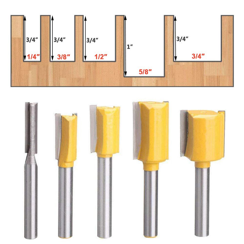 [On Sale]Set Of 5 Piece Straight Dado Router Bit Set Carbide Wood