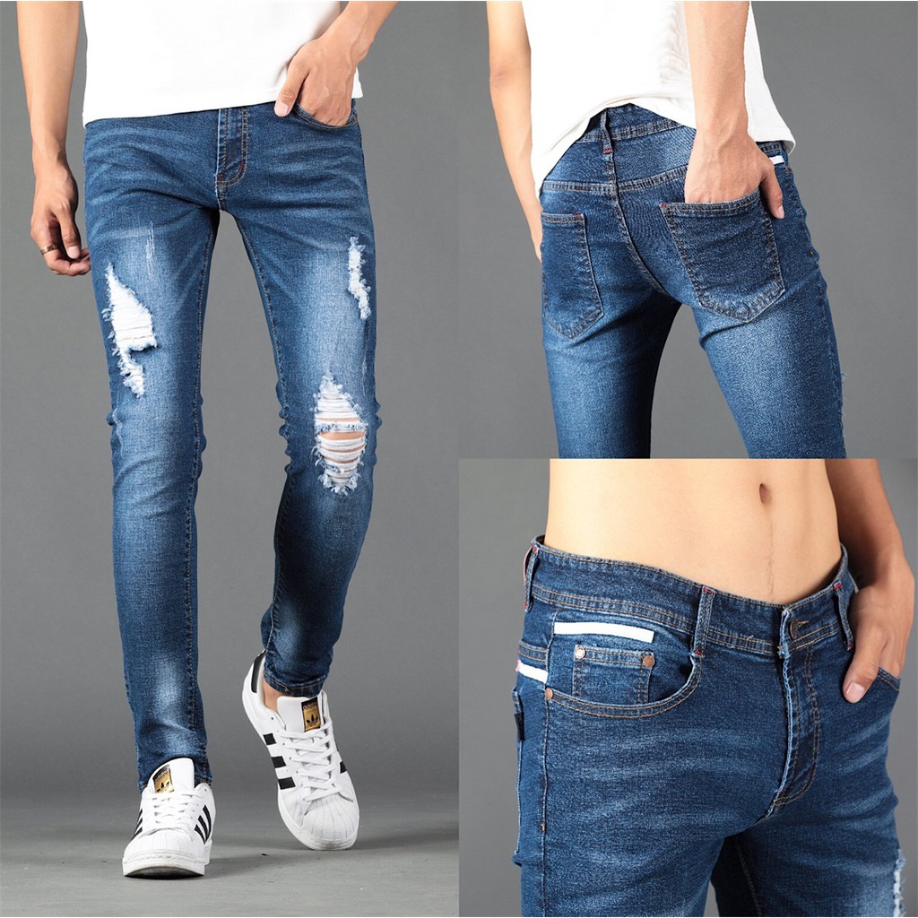 [ LESO ] Tattered Jeans For Men Skinny Stretchable Pants7575 Shopee