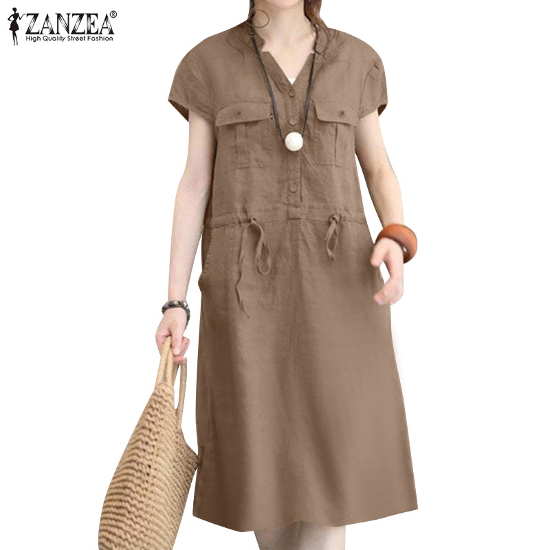 ZANZEA Women Casual Loose Short Sleeve V Neck Drawstring Waist Midi