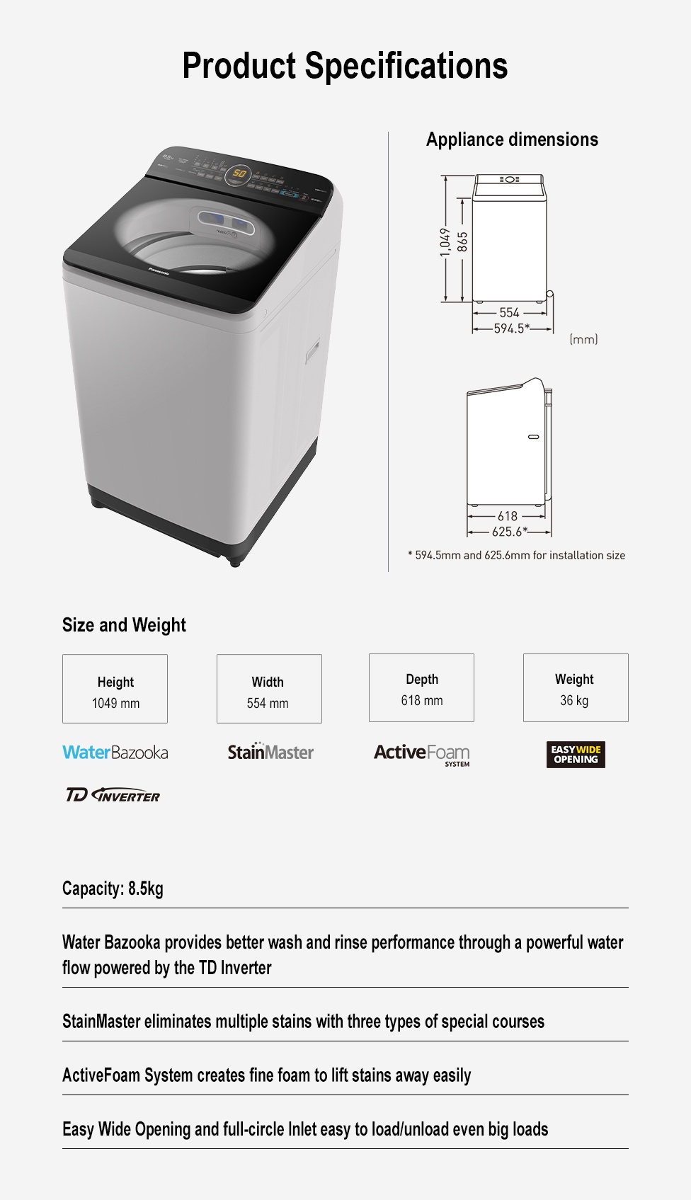 Panasonic NAFD85X1HRM Fully Automatic Top Load 8.5 Kg Inverter Washing