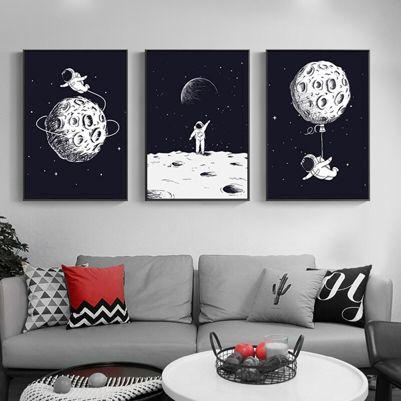 Nordic Poster Black and White Astronaut Canvas Painting Cartoon Moon