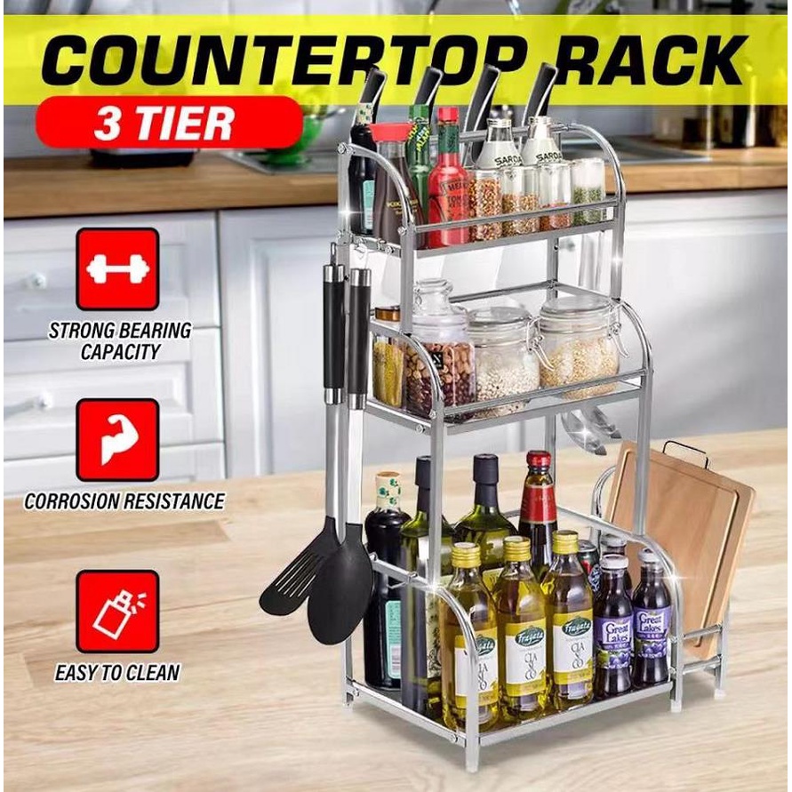 3 Layer Kitchen Shelf Condiment Rack Stainless Steel Floor Wall Mounted