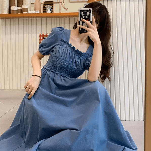 Puff Sleeve Dress Square Neck Dress Maxi Dress for Women Korean Dress