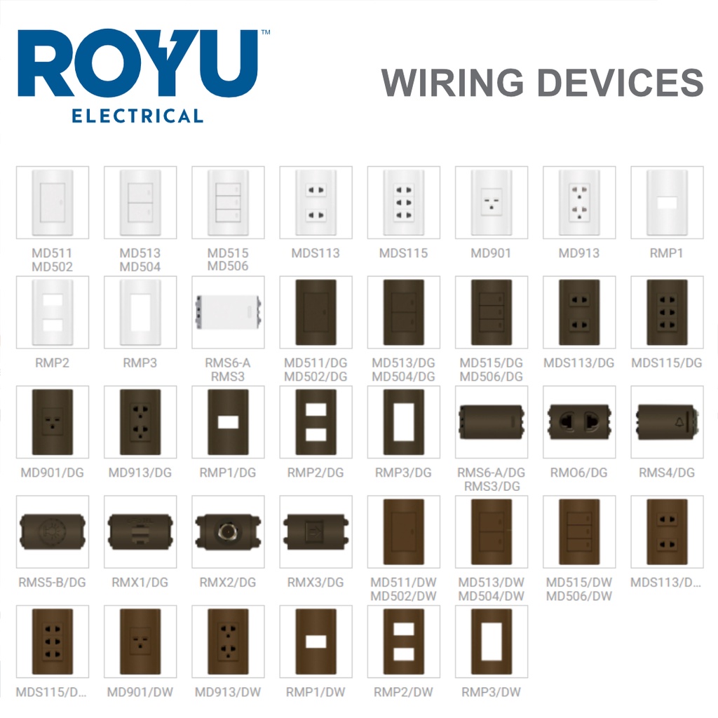 Royu Plano Series 1, 2, 3 Gang Switches, Outlets, Duplex, AC Outlet, 3