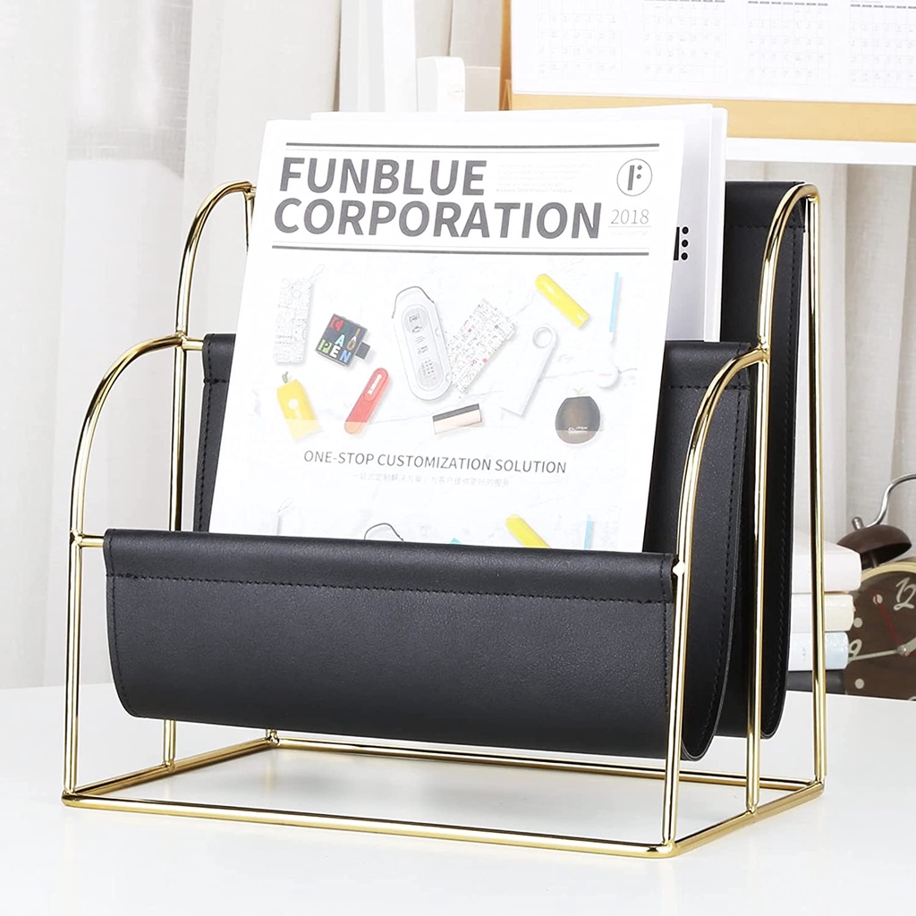 Plated Metal Wire and Premium Faux Leather Magazine Holder Rack, 2Slot