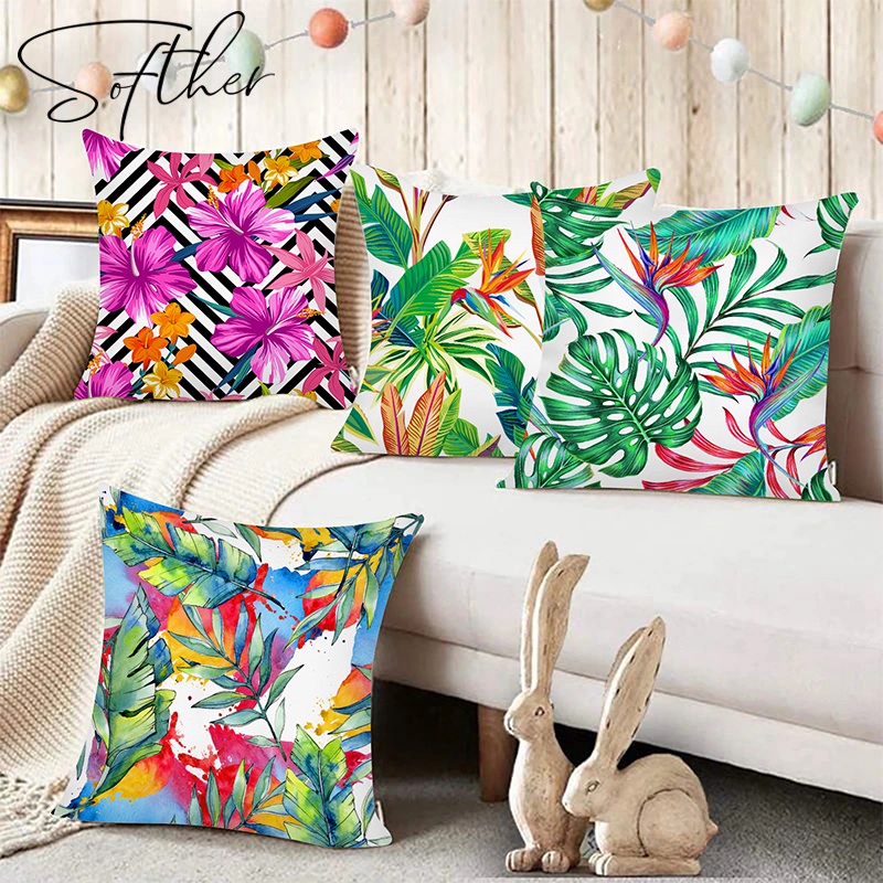 Pink Flamingos Birds Tropical Palm Leaves Trees Jungle Leaf Pillow Case