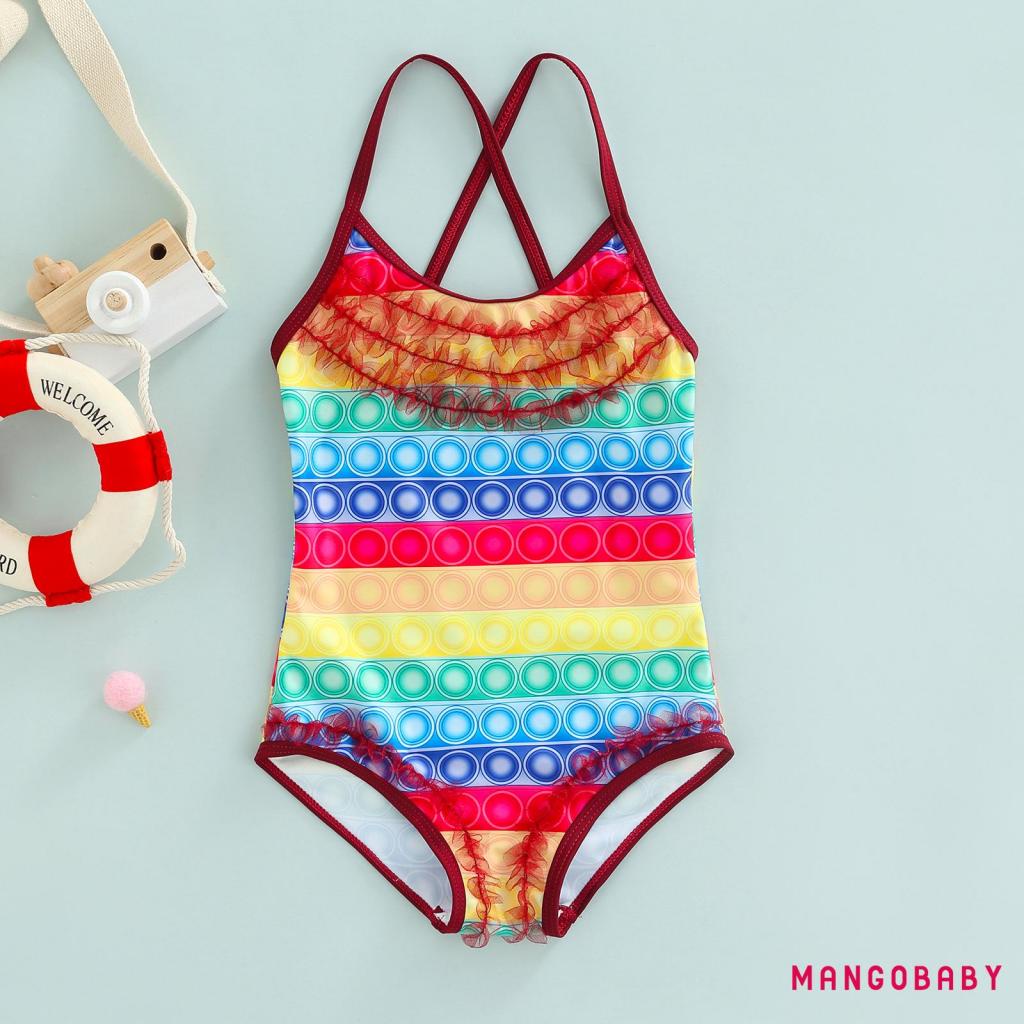 MGLittle Girls Bathing Suit, Colorful Print Ruffle Tulle Big Bow Knots