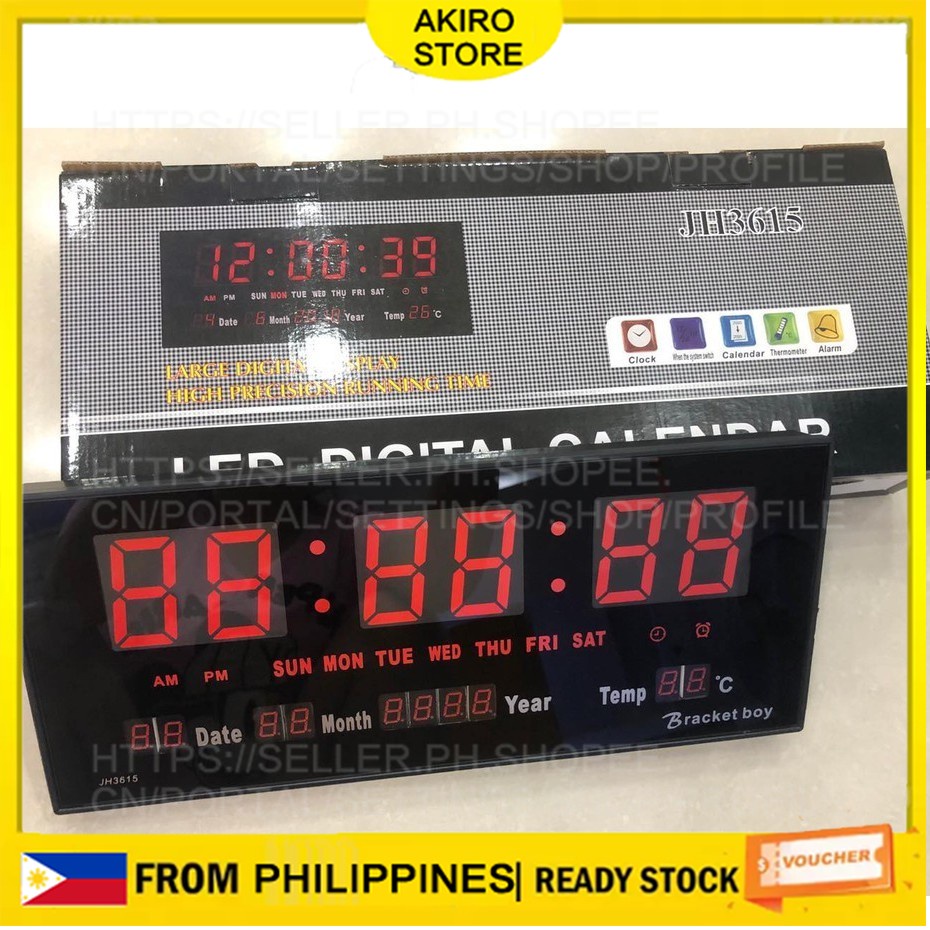 JH3615 Large Digital Display LED Wall Clock (Black) Shopee Philippines