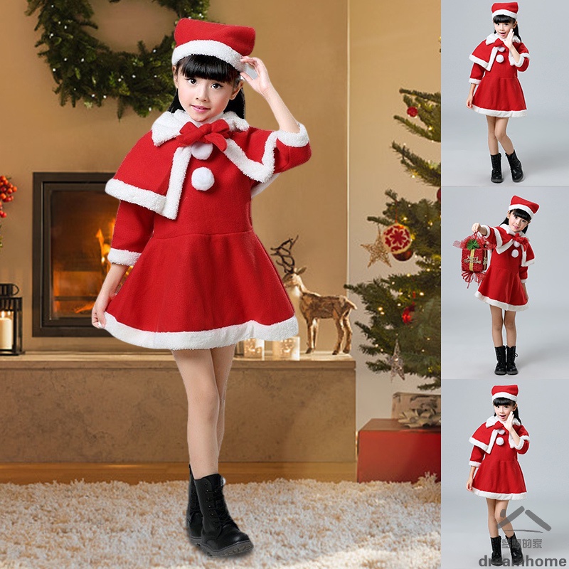 Girl Christmas Outfit Santa Claus Costume Red Longsleeved Dress with
