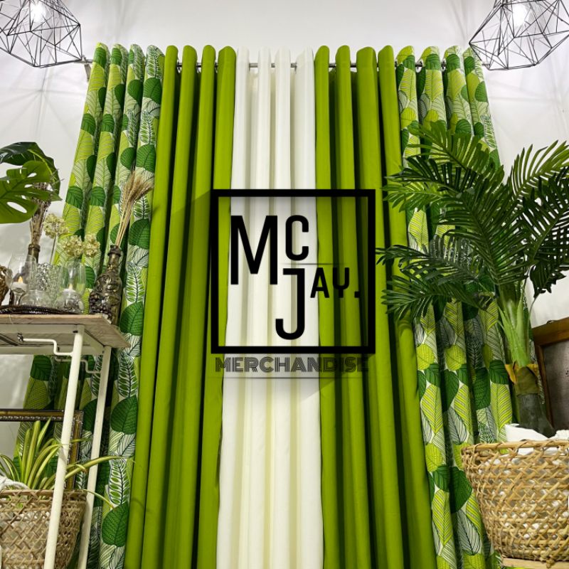 McJay. Green Leaves Curtain Set ( 5 in 1 Eyelet Curtain with Rings