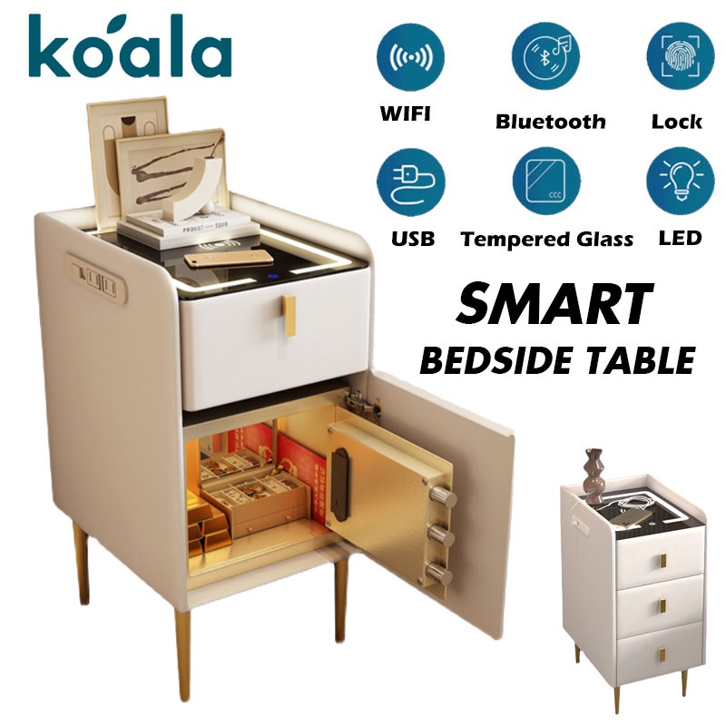 Koala Safe Bedside Table With USB Charging LED Modern Solid Wood