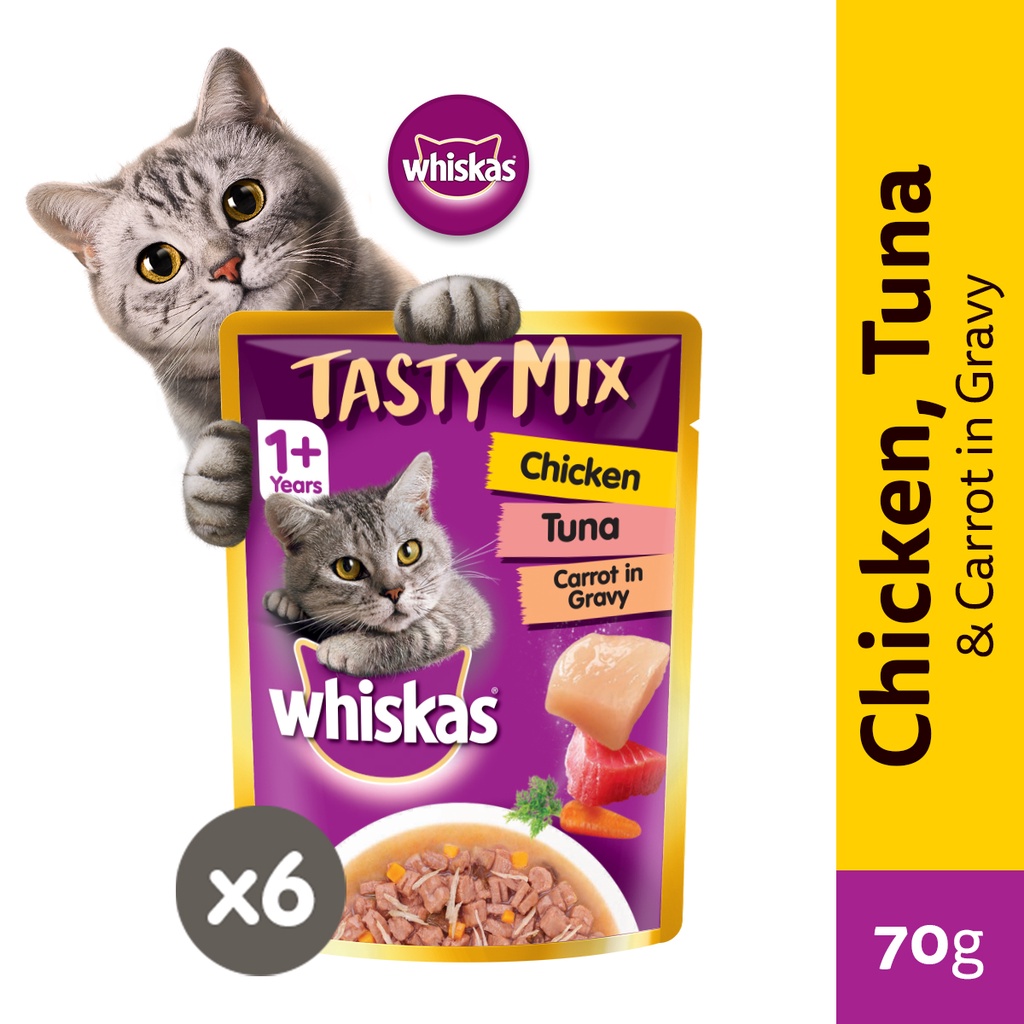 WHISKAS Tasty Mix Cat Food Wet Chicken Tuna Carrot in gravy 70 gr 6 Pouch Shopee Philippines