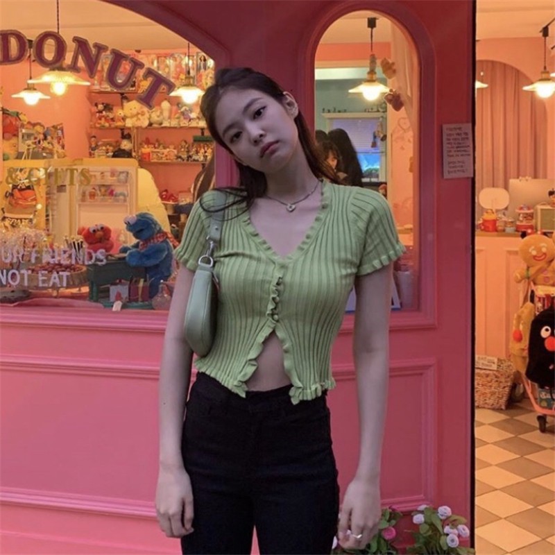 READY STOCKBlackpink Jennie Korean Vintage Green Slim Sexy Crop Tops
