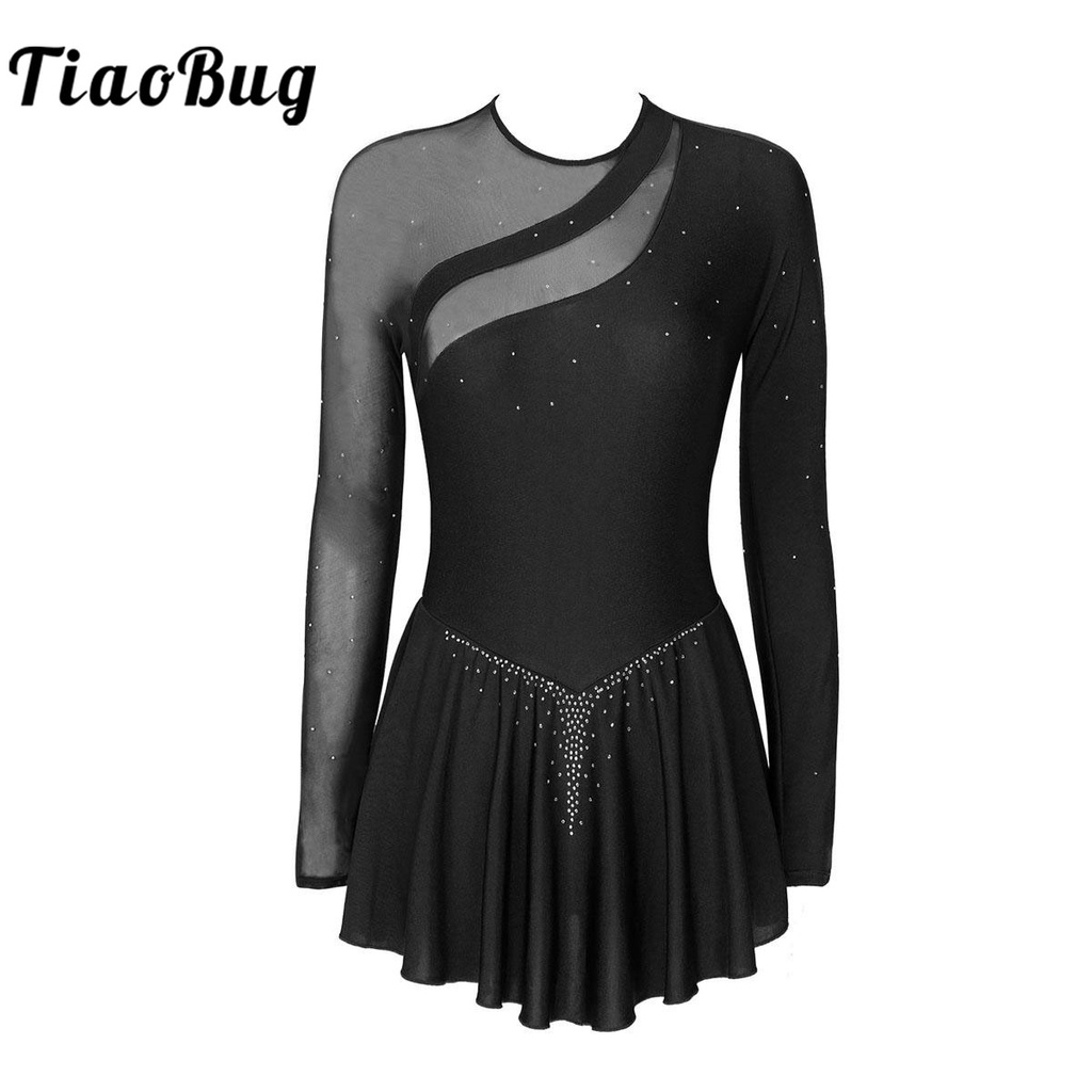 Womens Adult Figure Ice Skating Dress Mesh Long Sleeves Rhinestone