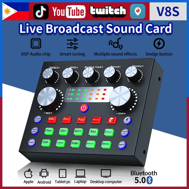 Sound Card V8 Recording Set Audio Auto Tune Karaoke Microphone Live