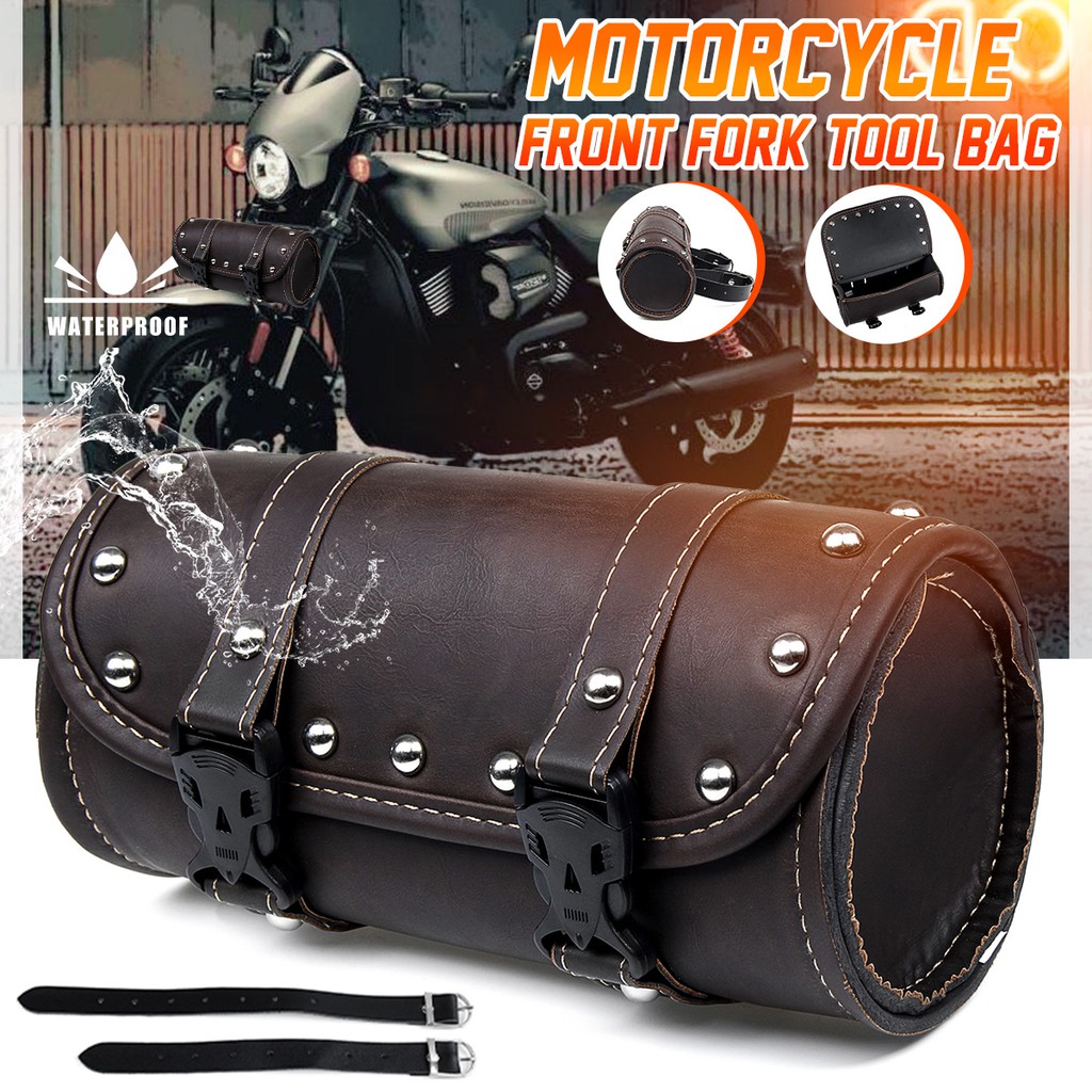 Motorcycle Front Fork Tool Saddle Bag Pouch Luggage Leather Barrel For