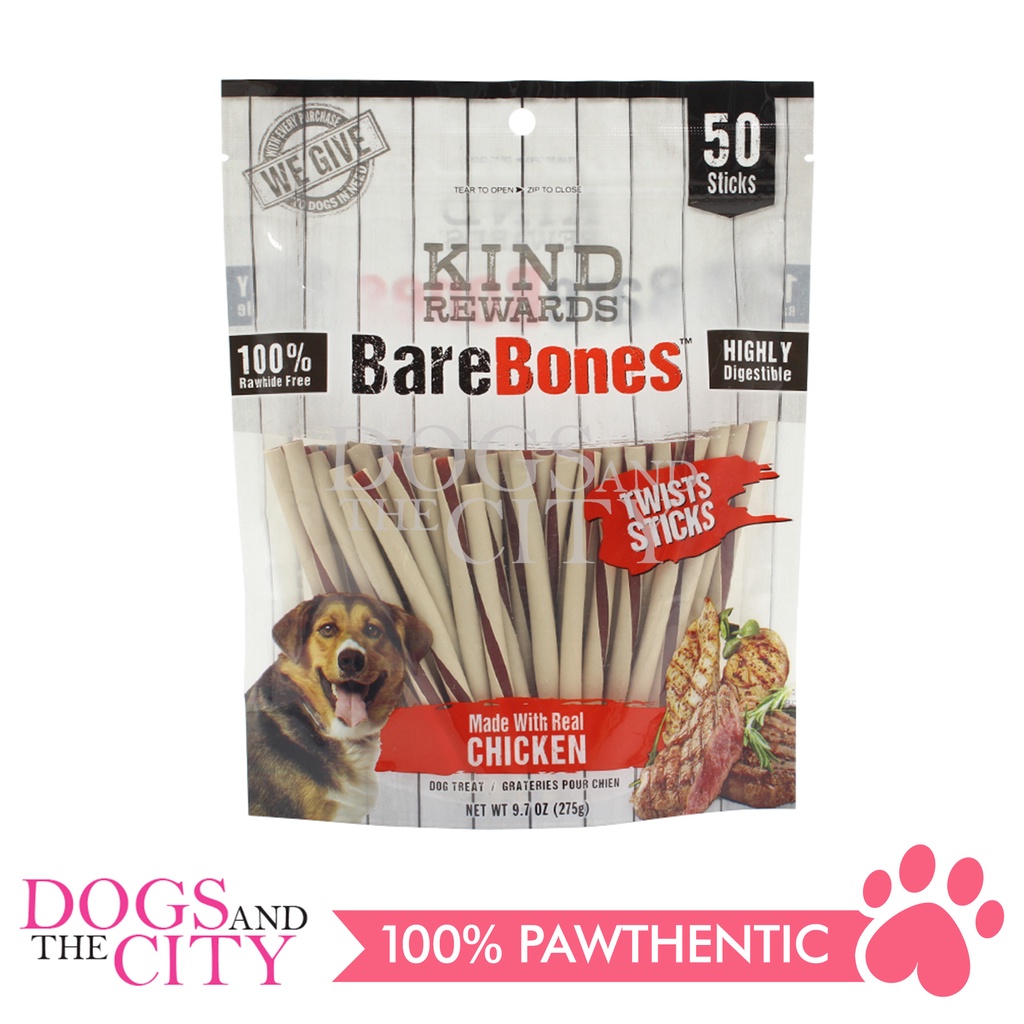 KIND REWARDS 9636 Bare Bones 50pcsTwist Sticks Real Chicken Flavor 100