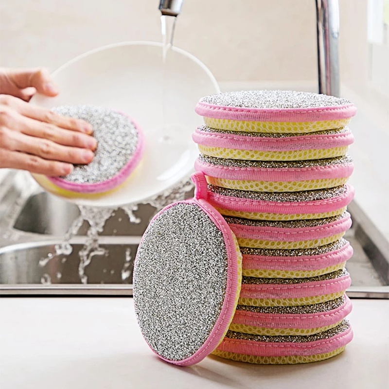 Kitchen Reusable Round Double Sided Dishwashing Sponge Scouring Pad