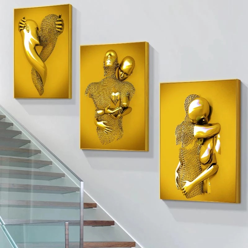 Golden couple lovers metal figures statue art canvas frames posters and