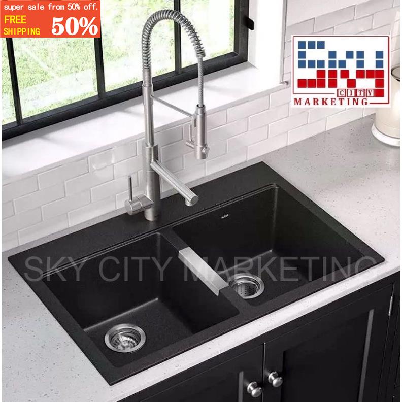 Black Granite Single / Double Kitchen Sink with fittings Shopee