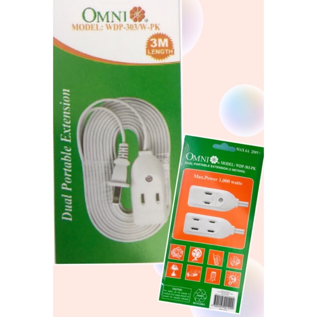 OmniDual portable extension cord set 3 meter wire 1000w 6 A Shopee