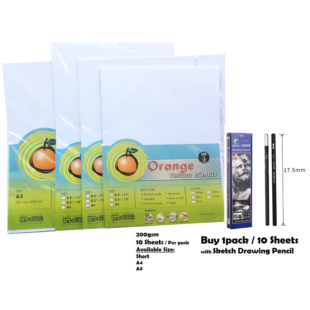 50 Sheets Orange Vellum Board 200gsm Short/A4/Long/A3 with Sketch