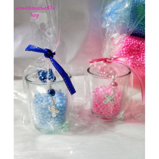 Shot glass w/mini rosary w/balls kulay pink for christening birthday