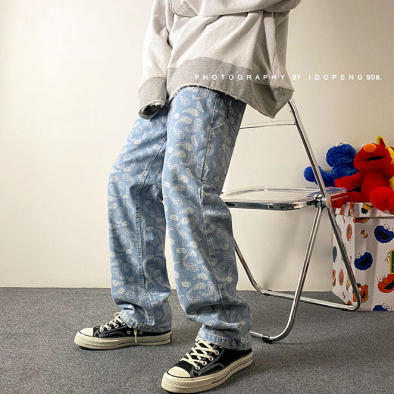 High Street Jeans Men's Printed Straight Pants Vintage Loose Pants Hip