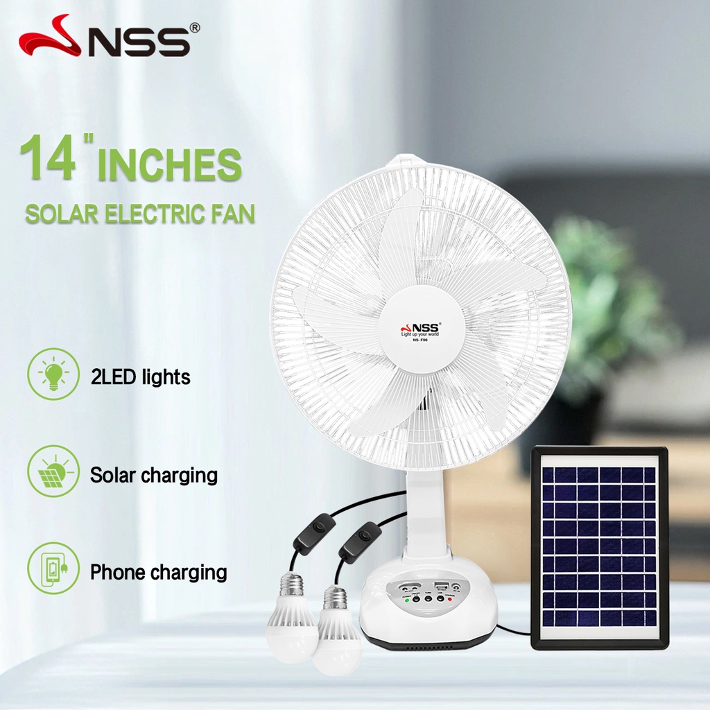 NSS solar fan 14" Rechargeable fan 5W solar panel Solar electric Fan with LED emergency light AC