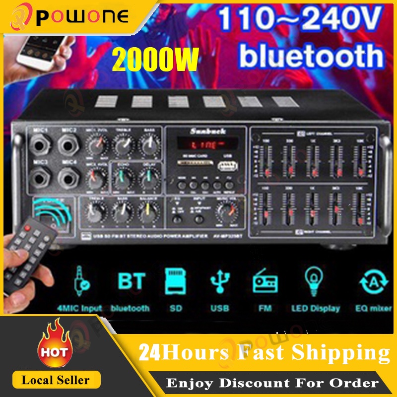 2000W bluetooth Amplifier FM 4*Mic Stereo Amplifier 2 Channel Tuner