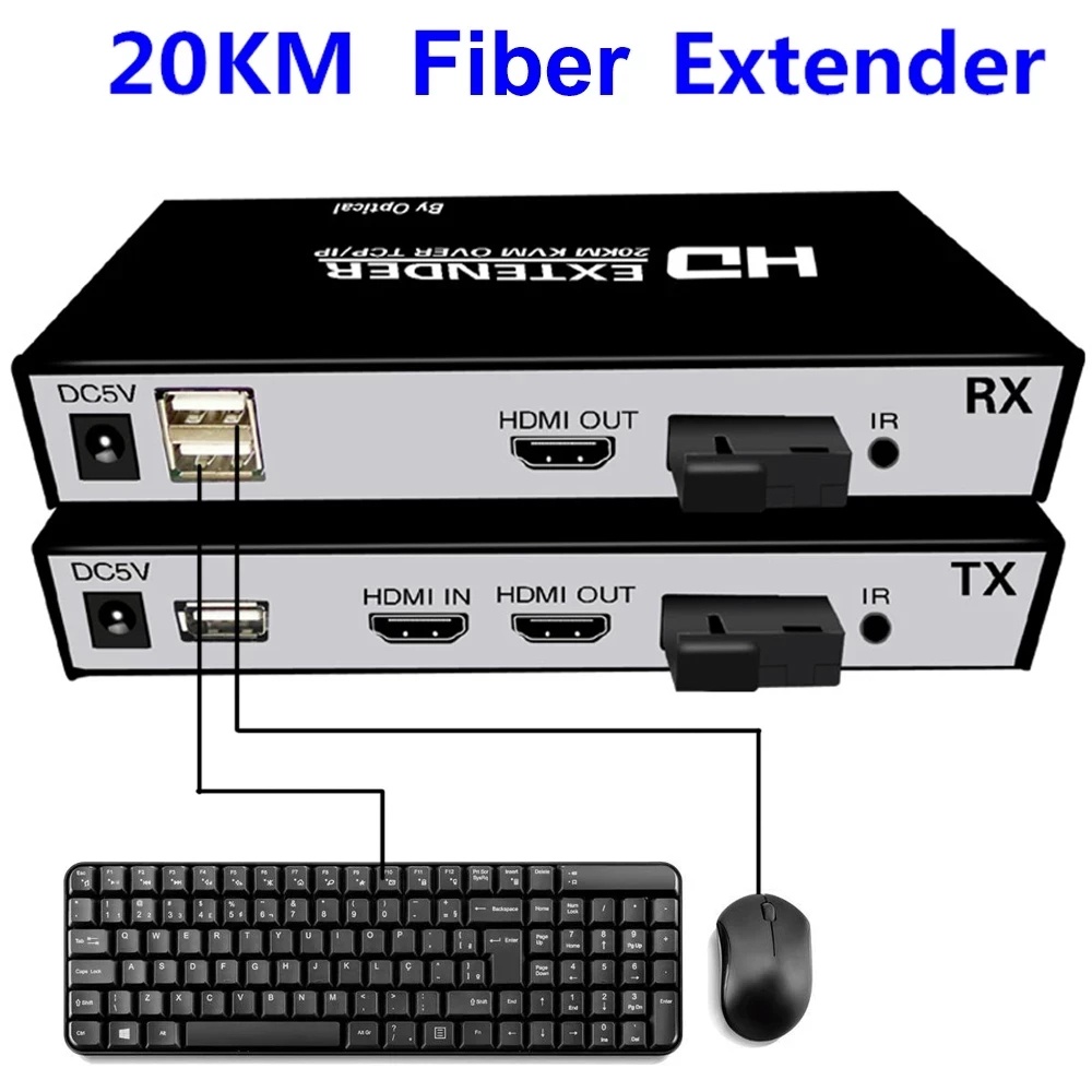 20Km HDMI Fiber Optic USB KVM Extender Video Transmitter Receiver HDMI