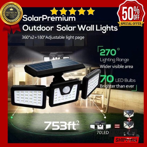 Homegoods 74 Solar LED 3 Heads 90 Degree Adjustment Split Solar Light Motion Sensor Wall Outdoor